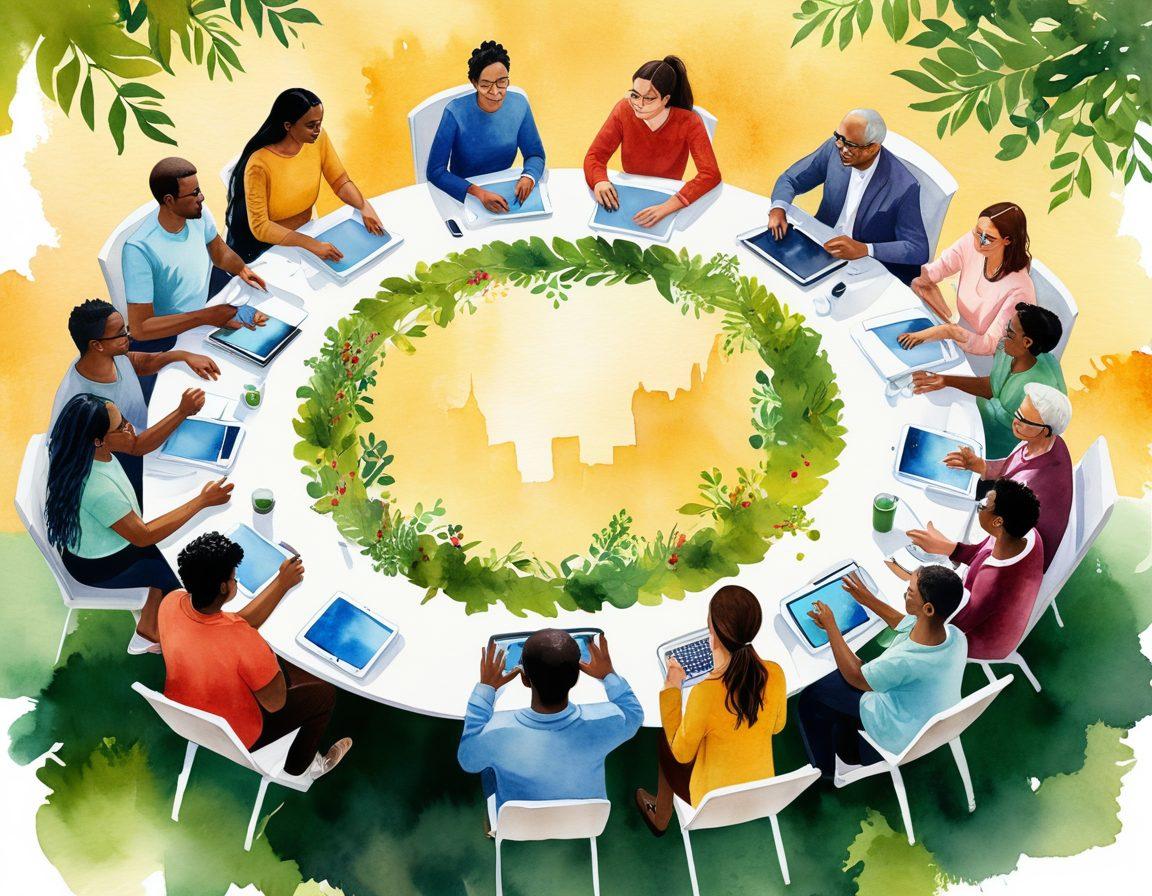 A vibrant community forum scene, featuring diverse individuals engaged in lively discussions around a large table, surrounded by lush greenery symbolizing growth and connection. Include digital devices representing online interaction, and above them, colorful bridge motifs connecting different areas of the forum. Warm sunlight filters through leaves, adding a welcoming ambiance. watercolor style. vibrant colors. engaging details.