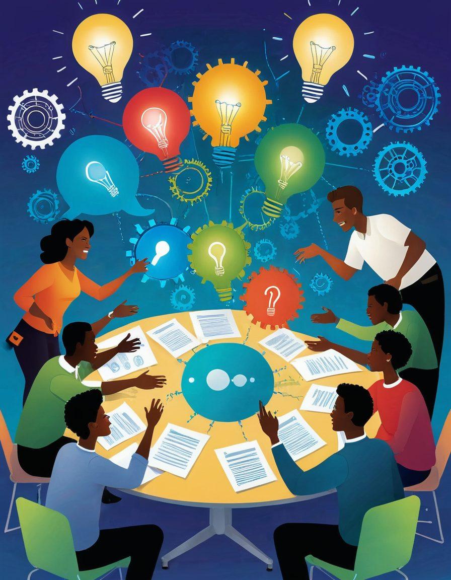 A dynamic illustration of a diverse group of people engaged in lively conversation around a round table, showcasing various emotions of enthusiasm and empowerment. Include vibrant speech bubbles floating above their heads, symbolizing sharing ideas and opinions. Surround them with symbolic elements like light bulbs and gears to represent innovation and collaboration. The background should have a calming gradient to evoke a welcoming atmosphere. vibrant colors. super-realistic.